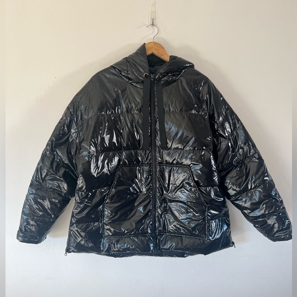 Essentiel Antwerp Black Gloss Oversized Quilted Duck Down Hooded Puffer Jacket